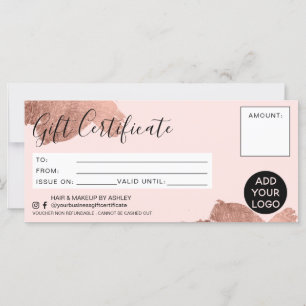 Carte logo rose or brosse feuille cadeau certificat