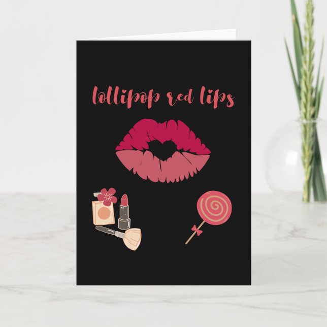 Carte Lollipop rouge lèvres. Bonbon de maquillage rouge  (Devant)