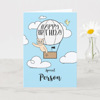 Carte Long Distance Birthday Cat in Hot Air Balloon     