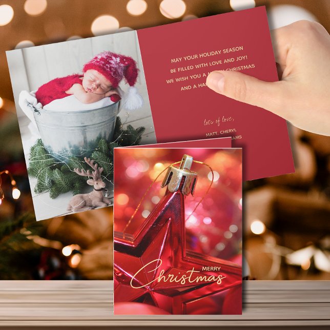 Carte L'ornement de l'étoile rouge Plié Photo de Noël (Créateur téléchargé)
