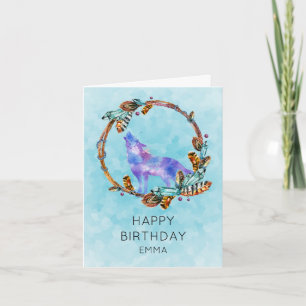 Carte Loup aquarelle avec une couronne de style boho pou