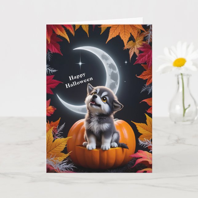 Carte Loup blanc mignon avec lune croissante, nuit d'aut (Petite plante)