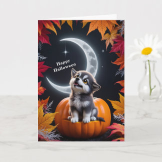 Carte Loup blanc mignon avec lune croissante, nuit d'aut