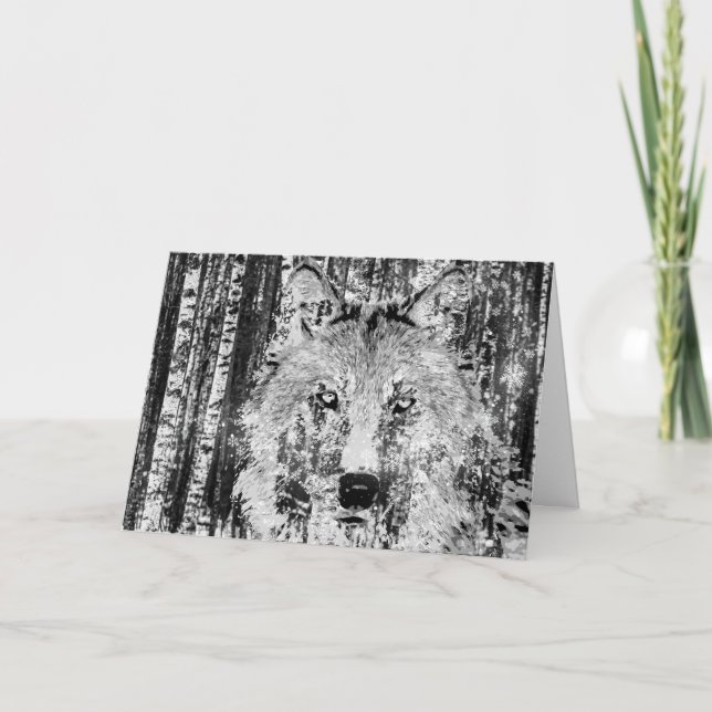 Carte Loup d'hiver sauvage, bouleaux et neiges (Devant)