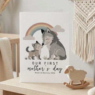 Carte Loup Maman Enfant Pastel Douce Première Fête des M