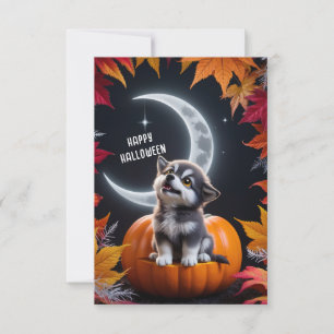 Carte Loup mignon avec lune croissante Nuit d'automne