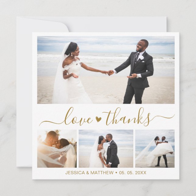 Carte Love and Thanks Gold Script Photo Collage Mariage (Devant)