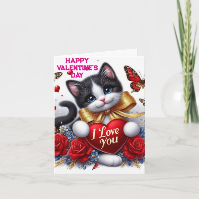 Carte Love Hearts Cute Cat  and Roses Valentines Day (Devant)