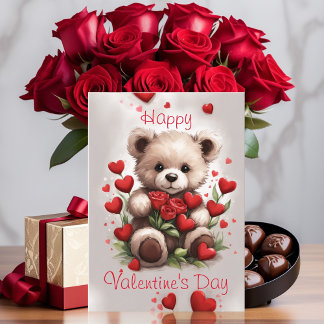 Carte Love Hearts Teddy Bear et Rose Valentines Day