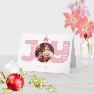 Carte Love Peace Joy Pink Poinsettia Photo de Noël