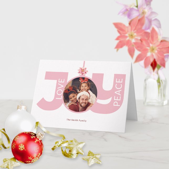 Carte Love Peace Joy Pink Poinsettia Photo de Noël (Créateur téléchargé)