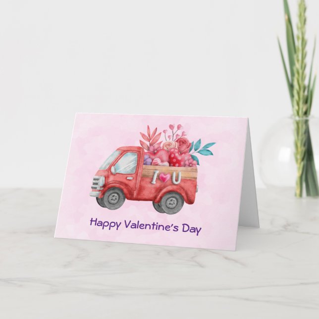 Carte Love Truck transportant Coeurs et Fleurs Valentine (Devant)