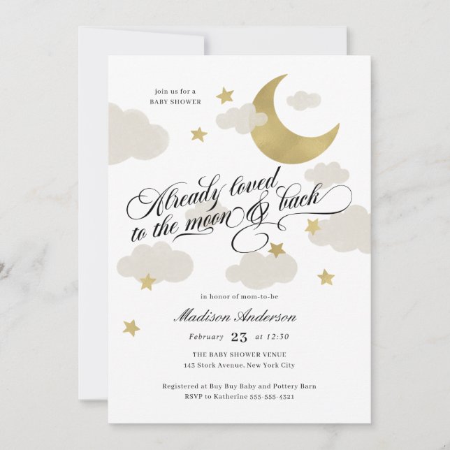 Carte Loved to the Moon and Back Baby shower Gold Stars (Devant)