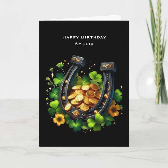 Carte Lucky Horseshoe Gold Coins et Clover Anniversaire (Devant)