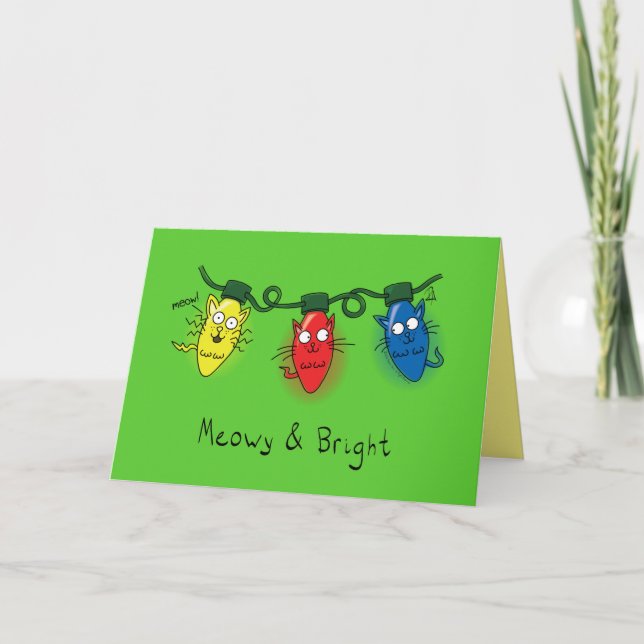 Carte Lumières de Noël de chat Drôle Meowy et Lumineuses (Devant)