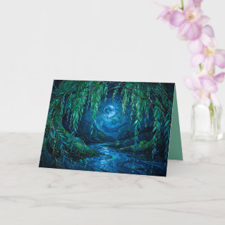 Carte Lune de Saule Rivière Coulante Nuit Verte Bleue