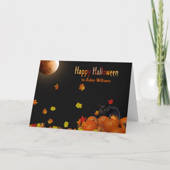 Carte Lune d'Halloween et chat (Devant)