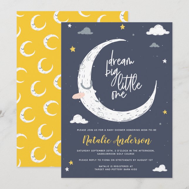 Carte lune & étoile mignonne nuit ciel bleu jaune baby s (Devant / Derrière)