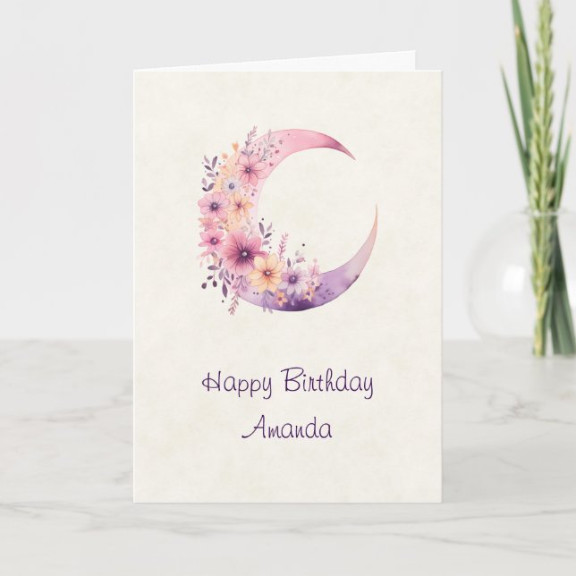 Carte Lune rose Croissant avec de jolies fleurs Annivers (Devant)