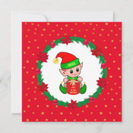 Carte Lutin de Noël, couronne de pin, poinsettias et éto