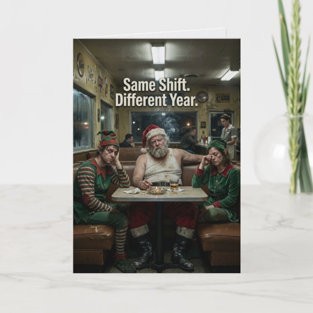 Carte Lutins du Père Noël débraillés Diner Humour noir (Devant)
