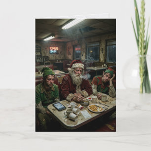 Carte Lutins du Père Noël débraillés Diner Humour noir