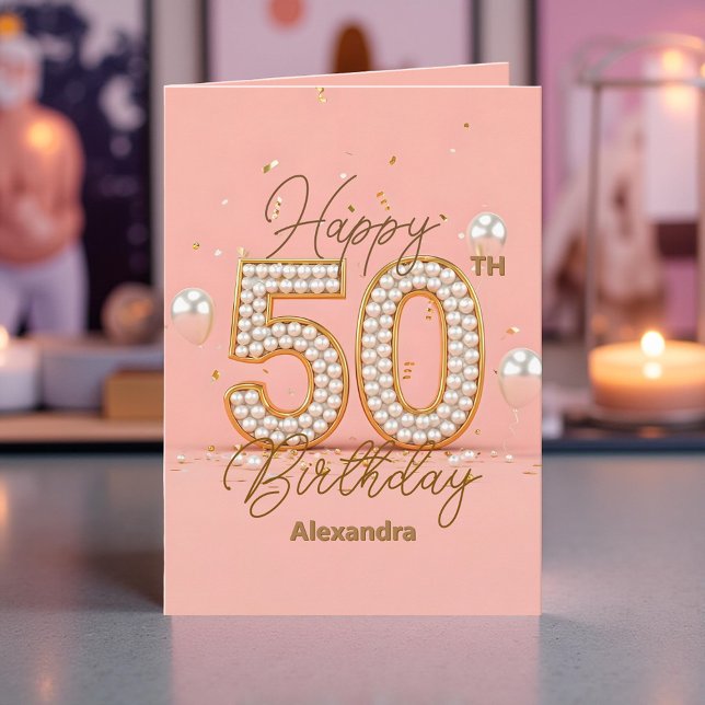 Carte Luxueux Pearly Soft Pink and Gold 50e anniversaire (Créateur téléchargé)