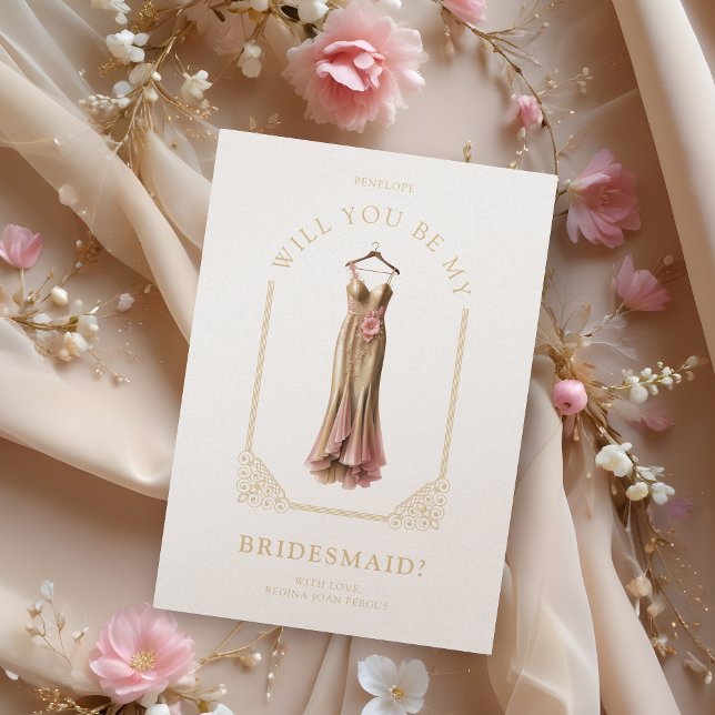 Carte Luxurious Bridesmaid Pink Dress Ornamental Dome (Luxurious Champagne Mermaid Dress with Pink Details and Flowers Bridesmaid Proposal Card.)