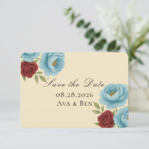 Carte Lyons Blue Peony & Red Rose Enregistrer la date