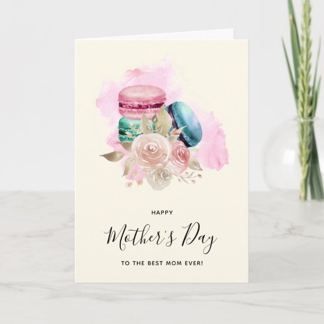 Carte Macarons et fleurs Aquarelle Fête des mères (Devant)