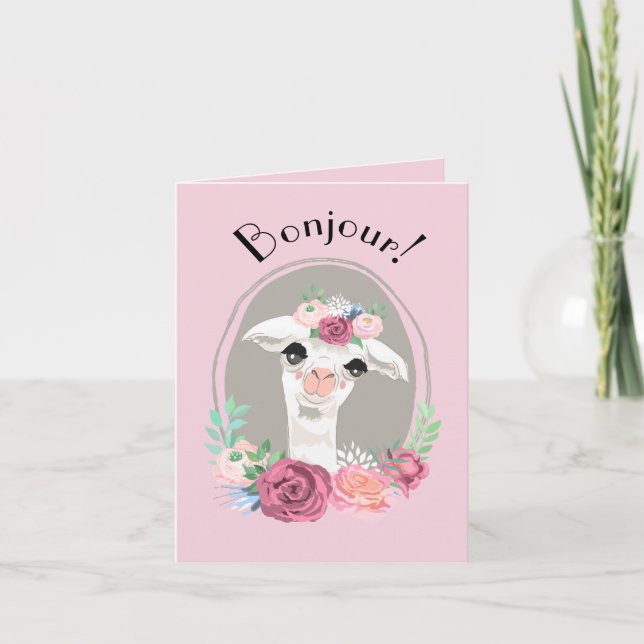 Carte Madame douce Llama With Roses "Bonjour " (Devant)