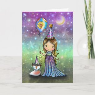 Carte Magical Birthday Little Girl Balloon and Fox