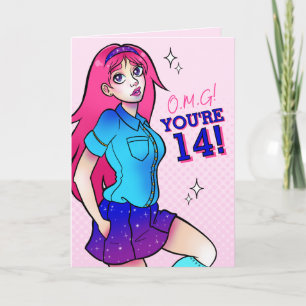 Carte Magical Pink Sparkle School Girl 14e anniversaire