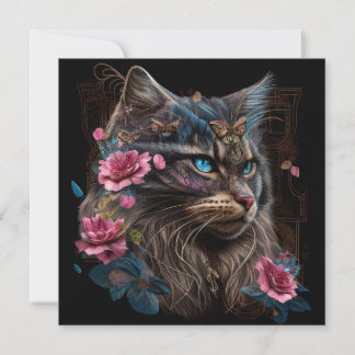 Carte Magique Maine Coon chat et fleurs roses IA art