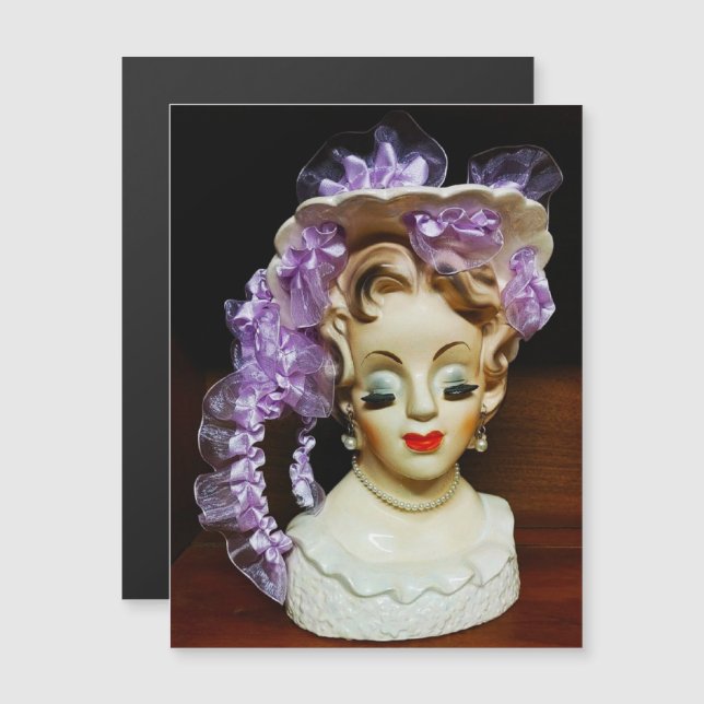 Carte Magnétique 1950s MCM Beauty Casquette Ribbons violets Lady He (Devant / Derrière)