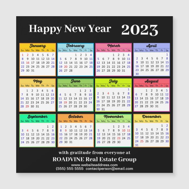 Carte Magnétique 2023 Calendrier Gold Script sur Black Business Mag (Devant)