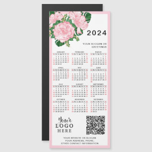 Carte Magnétique 2024 Calendrier Rose Blanc Floral Logo Code QR