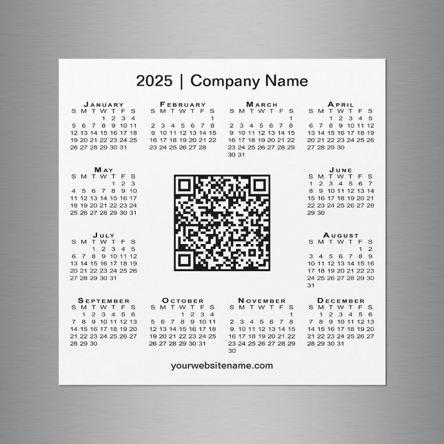 Carte Magnétique 2025 Calendrier Entreprise Personnalisée QR Code M (2025 Calendar Custom Business QR Code White Magnet in situ)