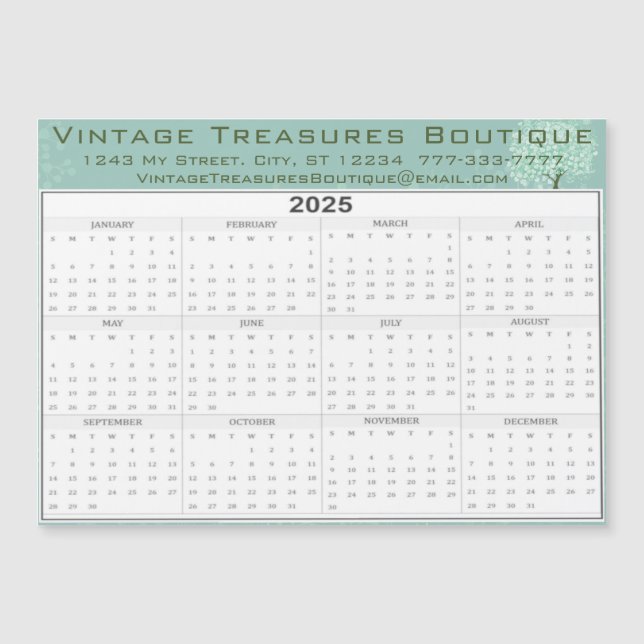 Carte Magnétique 2025 Calendrier Mint Green Heart Leaf Tree (Devant)