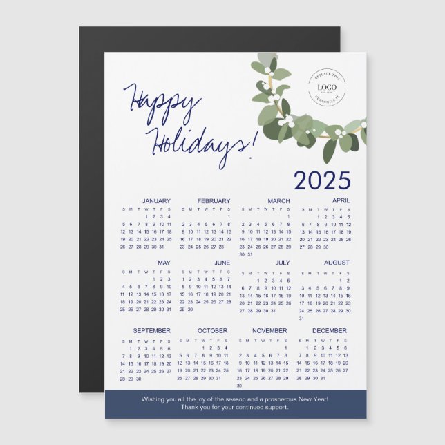 Carte Magnétique 2025 Moderne Wreath Your Logo Calendrier Bleu (Devant / Derrière)