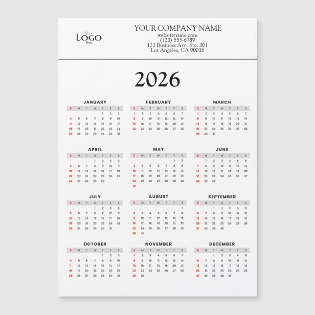 Carte Magnétique 2026 Calendar Business Logo Text | Any background (Devant)