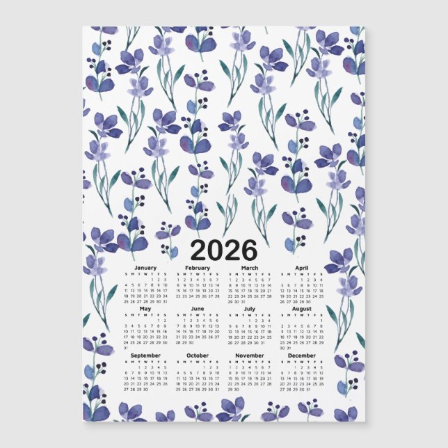 Carte Magnétique 2026 Calendrier Aquarelle Bleu Motif Floral (Devant)