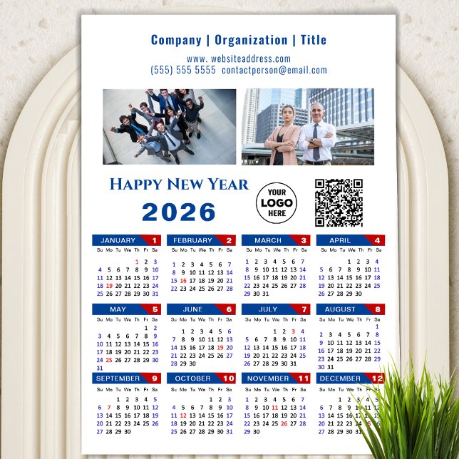 Carte Magnétique 2026 Calendrier Business Logo QR code Bleu magnéti (Créateur téléchargé)
