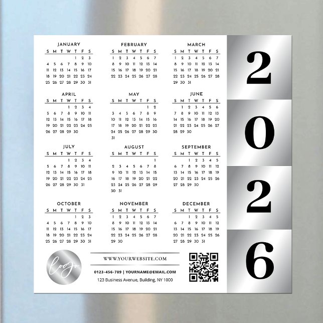 Carte Magnétique 2026 Calendrier Business Logo QR Code Chrome Argen (Créateur téléchargé)