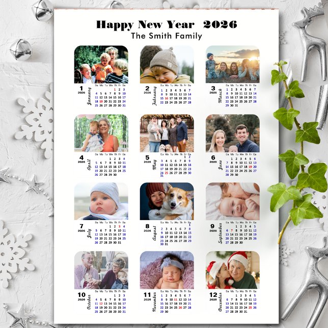 Carte Magnétique 2026 Calendrier Famille 12 Photo Collage Minimalis (Créateur téléchargé)