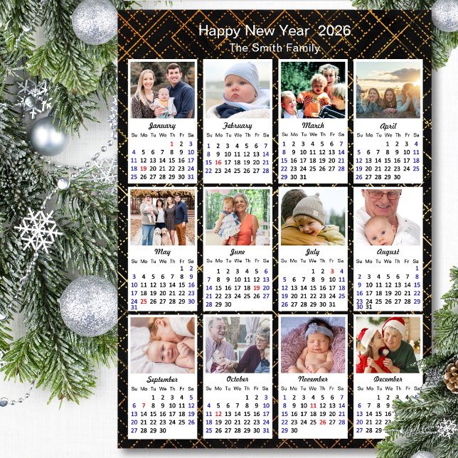 Carte Magnétique 2026 Calendrier Famille 12 Photo Moderne Black Gol (Créateur téléchargé)