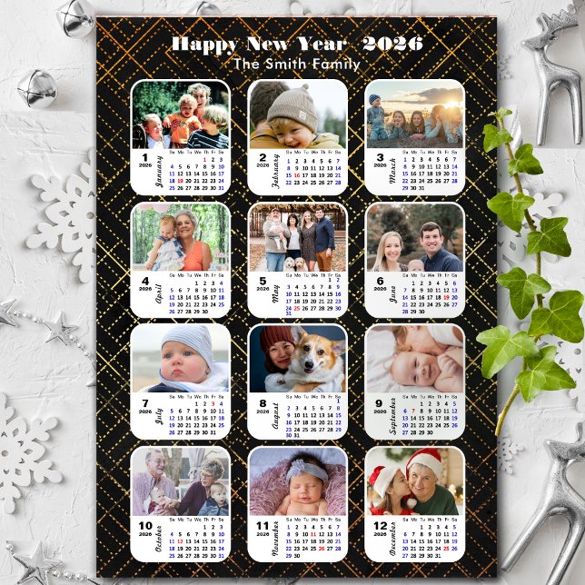 Carte Magnétique 2026 Calendrier Famille 12 Photo Moderne Black Gol (Créateur téléchargé)