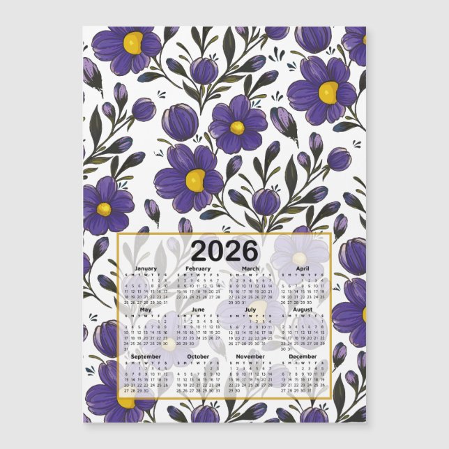 Carte Magnétique 2026 Calendrier Fleurs violettes bleues avec Feuil (Devant)