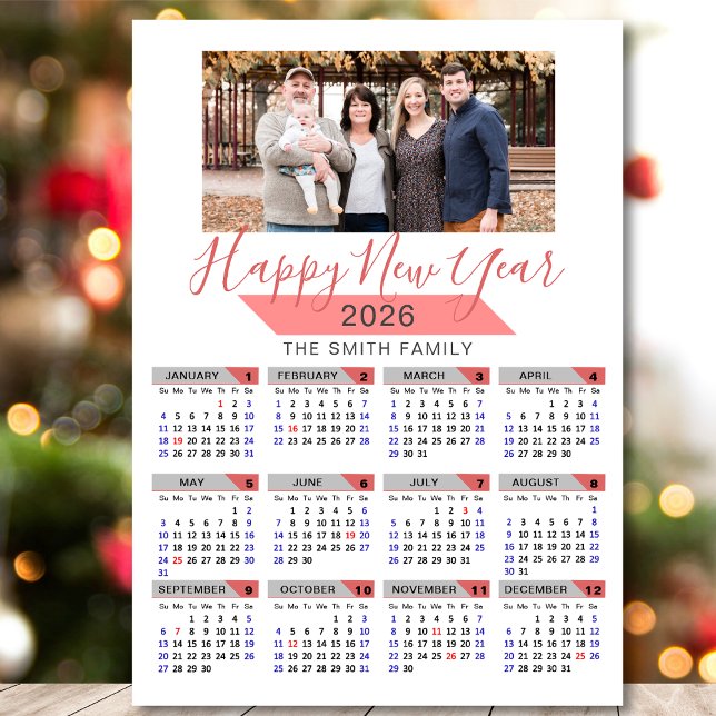 Carte Magnétique 2026 Calendrier Moderne Rose Famille Photo Magnéti (Créateur téléchargé)