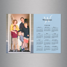 Carte Magnétique 2026 Calendrier Personnalisé Photo Monogramme Blue